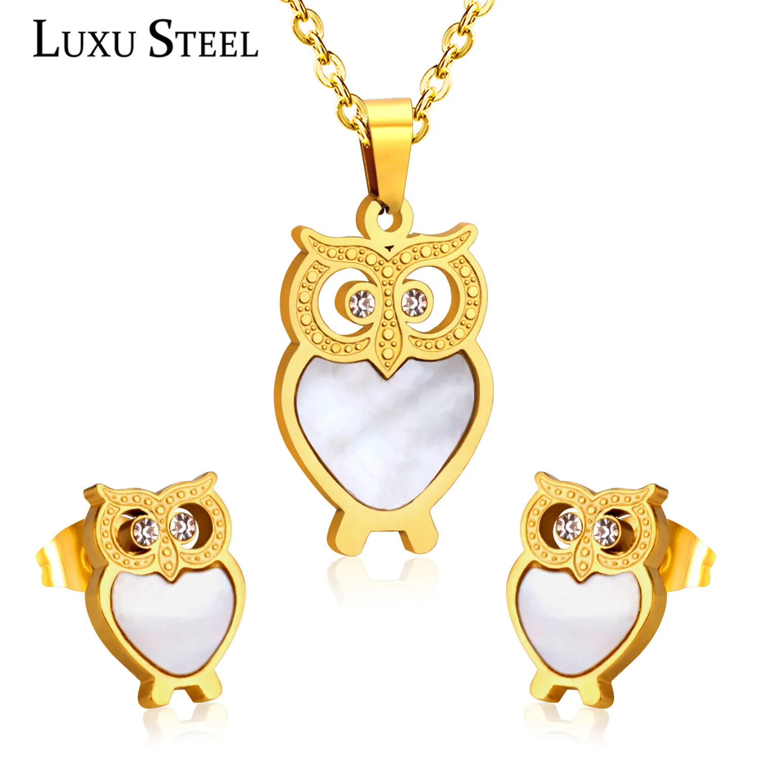 Комплект из колье и серёг LUXUSTEEL нержавеющей стали симпатичная подвеска с совой