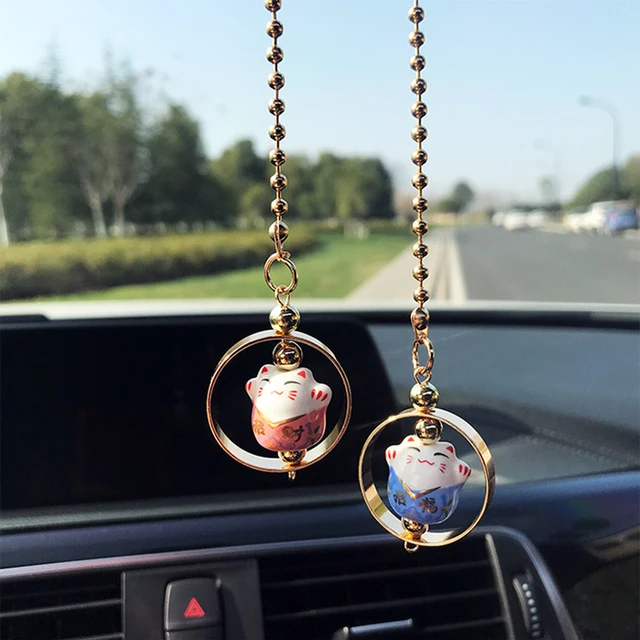 Car Pendant Lucky Cat Car Rearview Mirror Decoration Ceramics Alloy Hanging Ornament Automobile