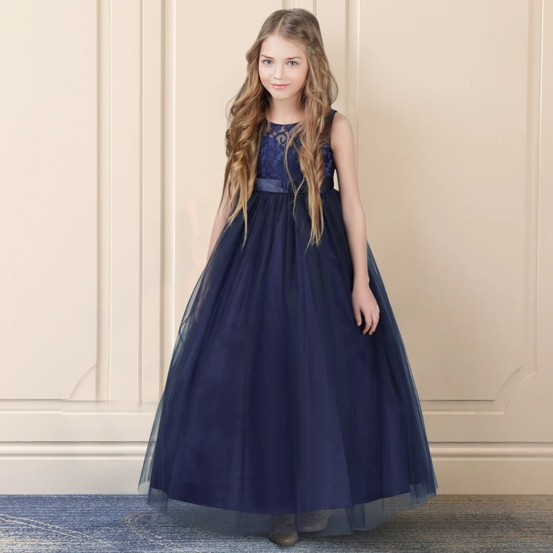 

New Girls Teenager Elegant Luxury Blue Lace Vestige Long Dress with Bow for Teens 6 8 10 12 14 Girl Wedding Party Costume Wear