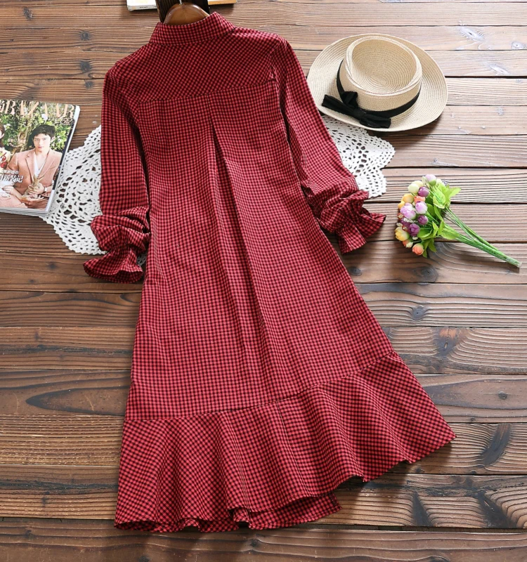 Mori Girl осень весна женское платье-рубашка винтажное Черное Красное Клетчатое повседневное асимметричное Femme Туника Elbise хлопковое льняное элегантное платье