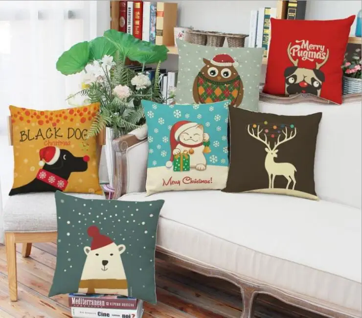 Christmas New Year presents Cute animals linen pillow cushions, home sofa backrest Cushion cover ...