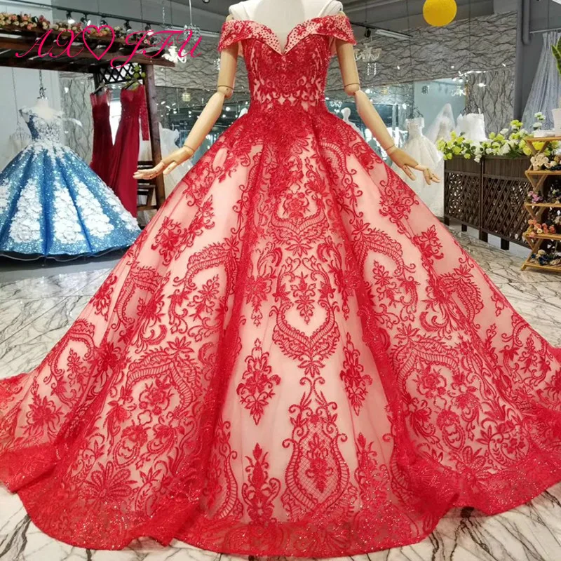 

AXJFU Princess flower beading red lace wedding Dress flower crystal vintage luxury wedding dress 100% Real Pictures 1299