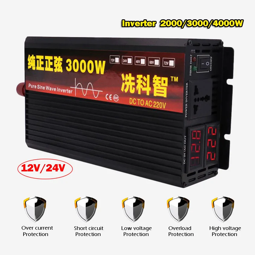 Inverter 12V24V 220V 200030004000W Voltage Transformer Pure Sine Wave Inverter Dual Digital Display DC12V to AC220V Converter (1)