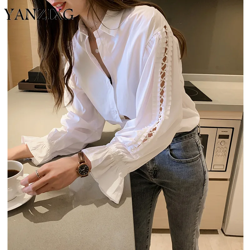

Spring new fashion loose white shirt women's shirt design sense hollow long-sleeved shirt bottoming shir A092