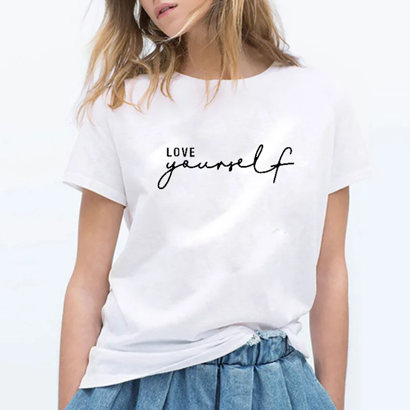 Женская футболка с надписью LOVE YOURSELF EnjoytheSpirit модная свободная из мягкого хлопка |