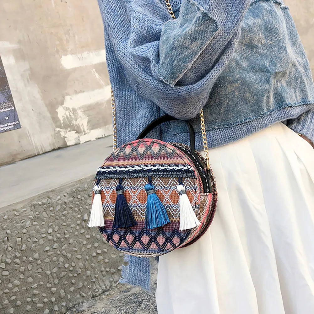 Женские соломенные сумки плетёная ротанговая пляжные Наплечные сумки Дамская сумка через плечо женская богемная круглая сумка ручной работы# HY