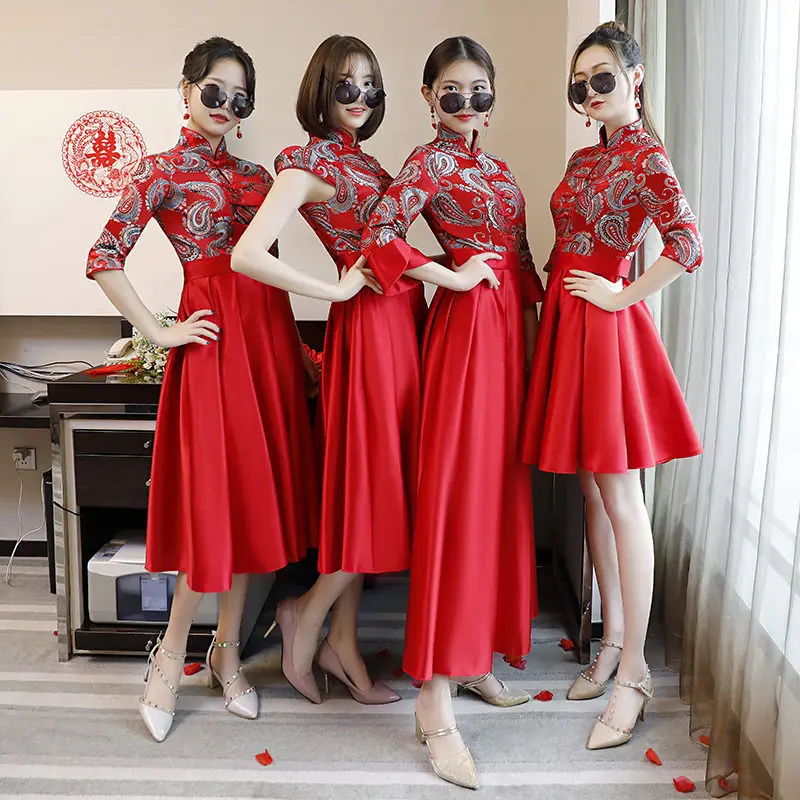 Китайское традиционное женское свадебное элегантное платье подружки невесты красное Cheongsam Летнее Сексуальное цветочное платье размера плюс женское Qipao XS-3XL