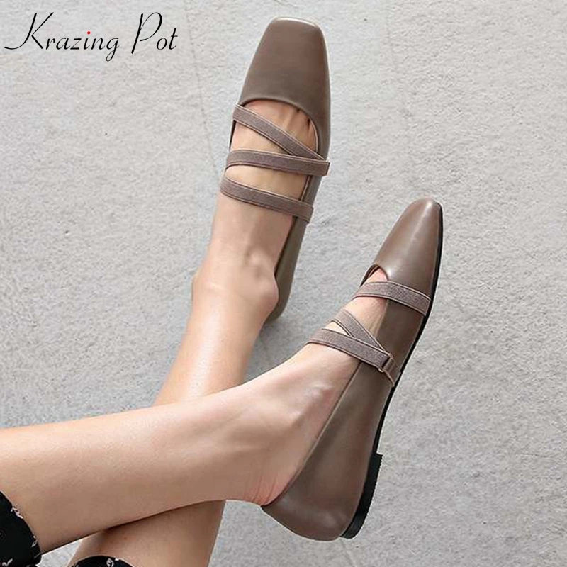 

Krazing Pot summer full grain leather summer square toe slip on handmade easy convenient plus size soft ballet dancer flats L36