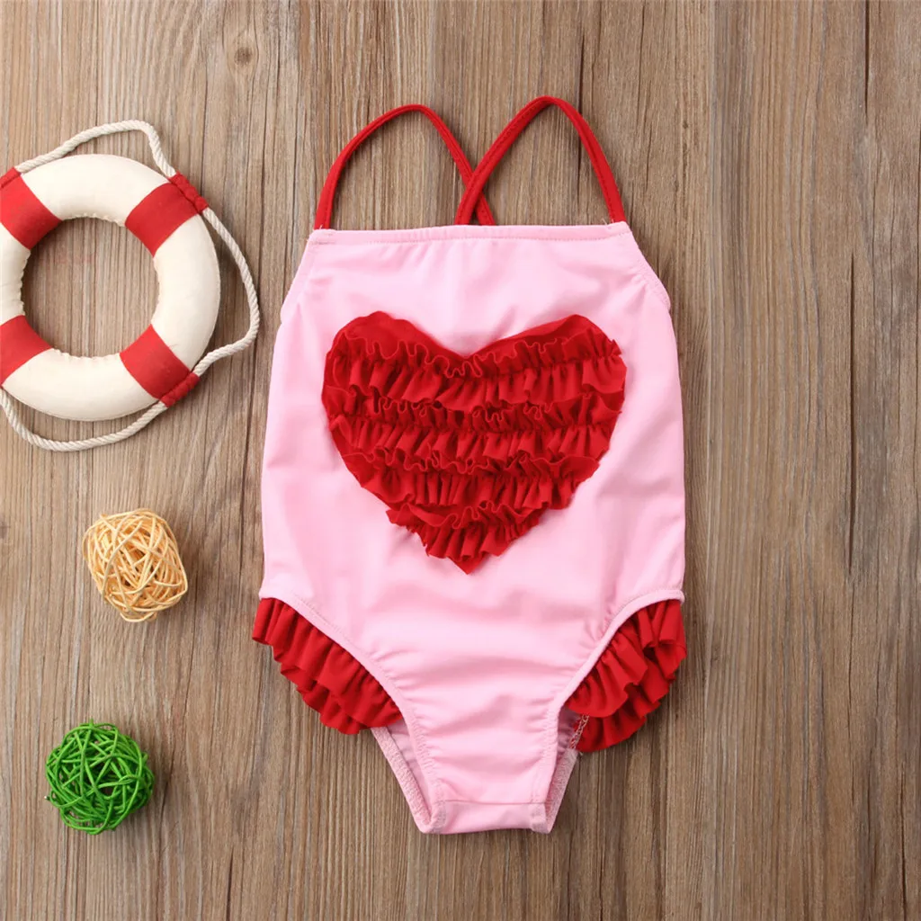 Летний купальник для маленьких девочек красное сердце бикини с оборками купальники пляжная одежда купальный костюм детская одежда Купальники