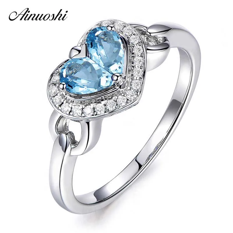 

AINUOSHI 1 Carat Pearl Cut Natural Blue Topaz Heart Ring Pure 925 Silver Heart Shape Topaz Halo Ring Wedding Engagement Ring