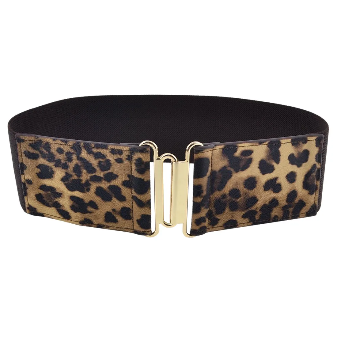 Brown Interlocking Buckle Leopard Prints Elastic Band Cinch Waist Belt