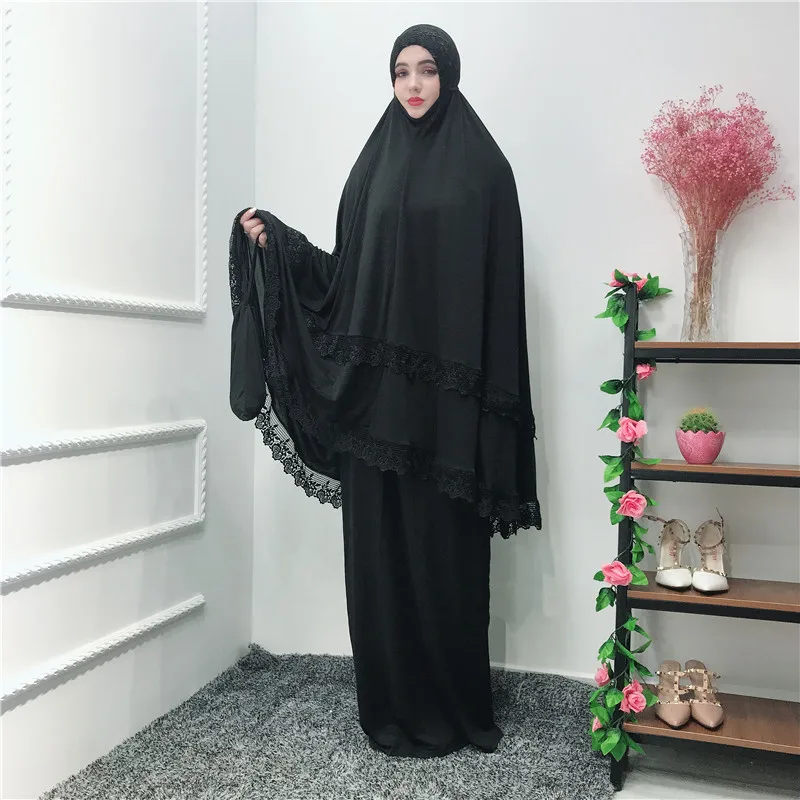 Кружевная молитвенная одежда с хиджабом, исламский костюм для женщин, мусульманский комплект Абайи, модный хиджаб, однотонное платье