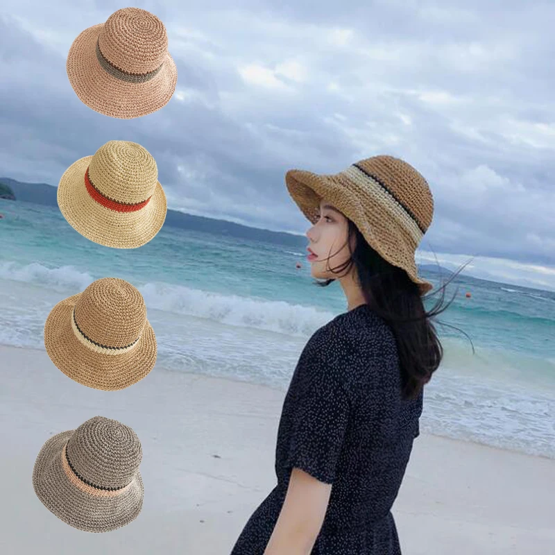 

Spring And Summer Hand-Woven Straw Hat Stripe Weave Travel Fisherman Hat Basin Wild Shade Straw Beach Hat Visor Hat