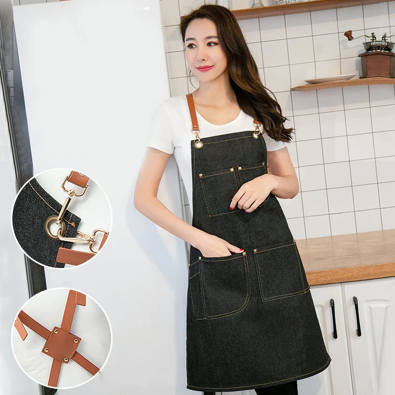 

Fashion Korean Denim Women Aprons Kitchen Restaurant Cooking Aprons With Pocket Work Apron Waiter Kitchen Cook Tool U2160