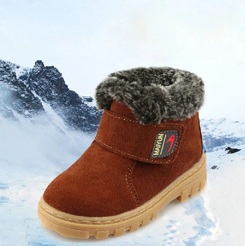 

Snow Boots Children's Boots Warm Leather Hook&loop Kids Shoes Unisex Round Toe Rubber Sole Soft Warm Flat Shoes Camel Red Color
