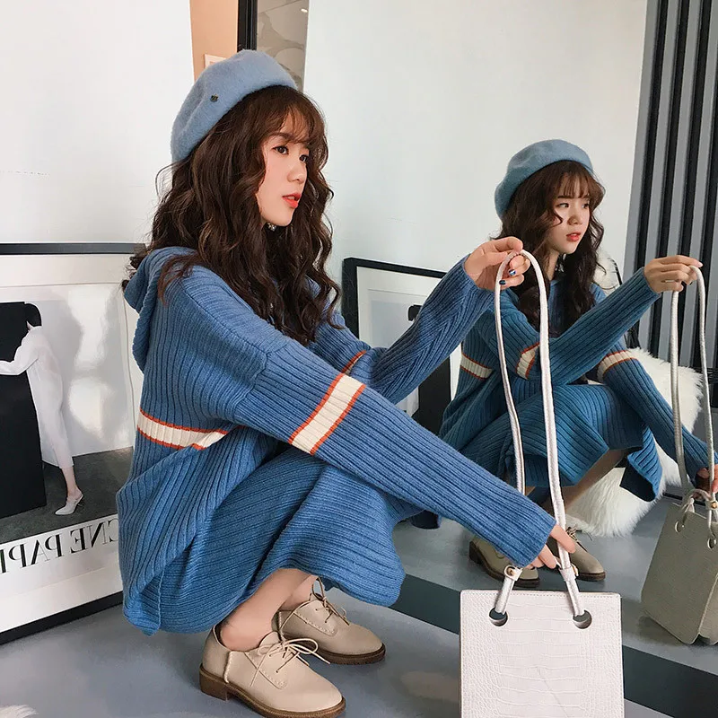 

Korean Fashion Long Sleeve Sweaters Top&Midi Skirts Sets Striped Casual Two Piece Knitted Suits 2 Piece Outfits for Women