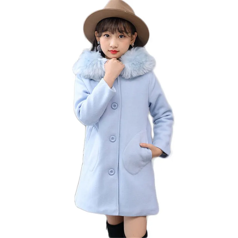 

2018 New Winter Girls Woolen Coat Big Girl Warm Overcoats Kids Faux Fur Collar Outerwear Teenage Kids Thick Fashion Jackets G269