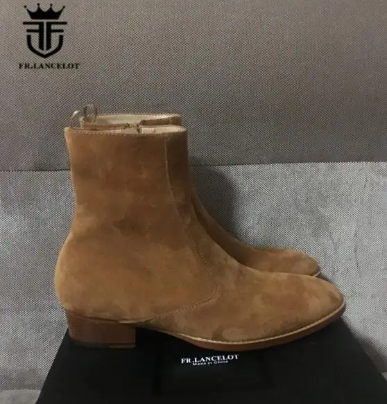 FR.LANCELOT Brand Brown Suede Handmade Vintage Nobel Luxury Genuine Leather Wyatt Harness Side Zipper Men Shoes