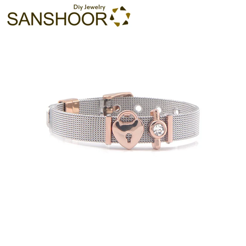 SANSHOOR DIY модный браслет из нержавеющей стали, держатель слайда, подвески, сердце, замок, ободок, ювелирные изделия с камнем-солитером, подарок для женщин, 1 шт