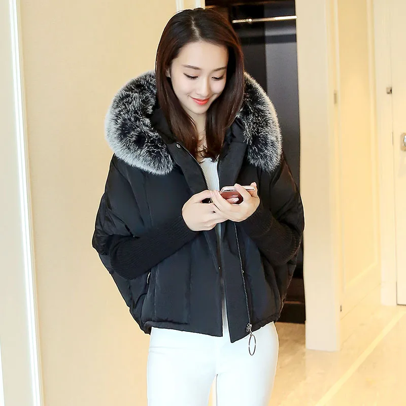 

ALMUERK 2019 Winter Women Parka Oversize Coat Bumber Jacket with Fur Collar Hooded Thick Warm Hoody Bat Sleeve Big Plus Size