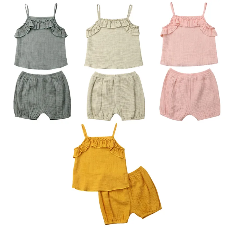 

0-3Years Newborn Baby Girls Ruffle Solid Romper Vest+Shorts Pants 2PCS Outfits Clothes