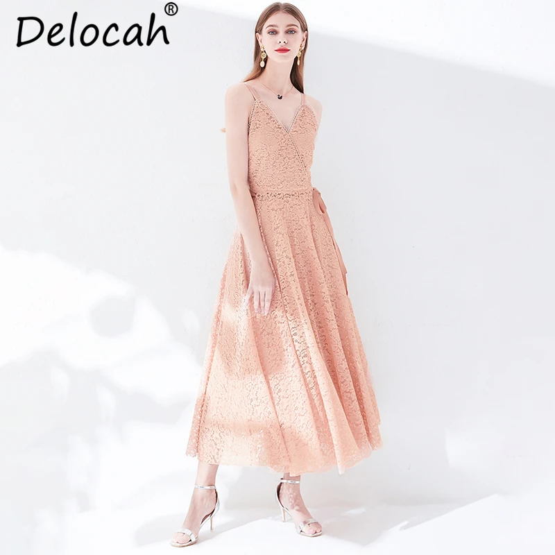 Delocah Women Summer Dress Runway Fashion Designer Sexy V-Neck Spaghetti Strap Bow Tie Elegant Vintage Party Solid Long Dress