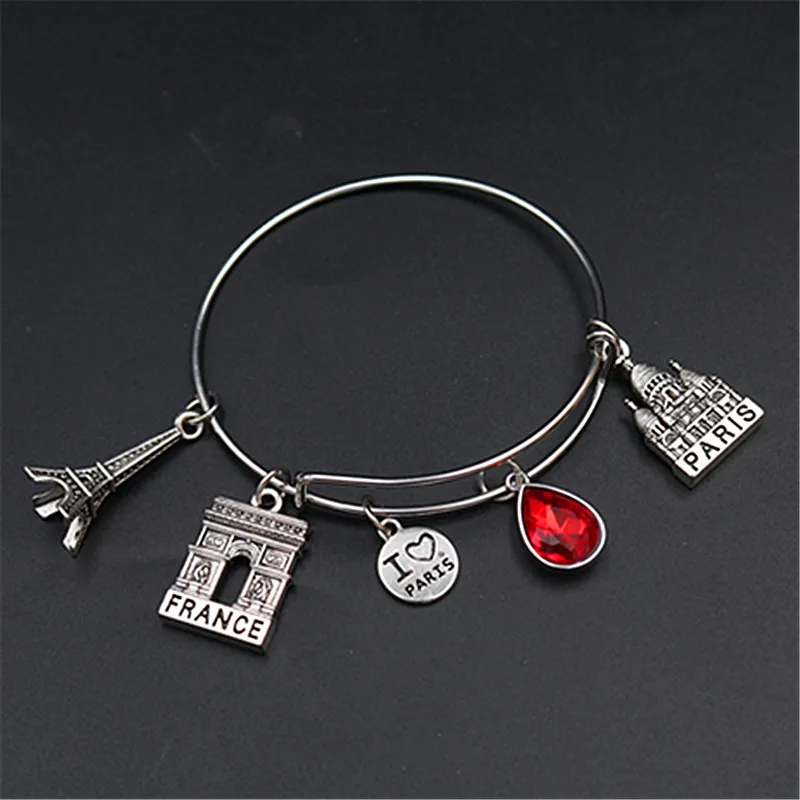 

1pc I Love Paris Charm Eiffel Tower Notre Dame Arc De Triomphe Pendant DIY Travel Jewelry Metal Event Adjustable Bangles A1588