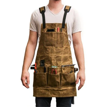 

Hot Waxed Canvas apron oil wax cloth Multiple pockets with tools Senior Shoulders Chef apron for BBQ Men waterproof cooking logo