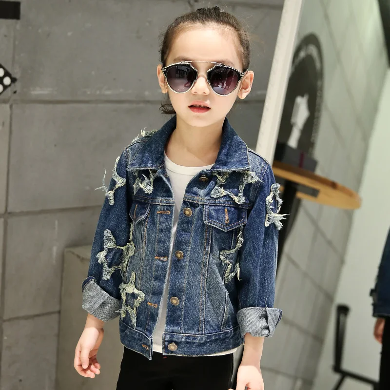 Cena Dżinsowa kurtka dla dziewczyn 2019 nowa wiosna błyszczące cekiny pięcioramienna gwiazda myte modny płaszcz dzieci jesień długi rękaw odzież codzienna