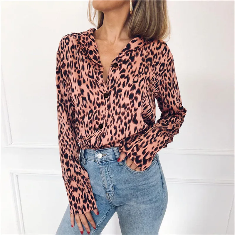 

Sexy Pink Animal Leopard Printed Women Blouse Long Sleeve Loose Shirt Tops V Neck Elegant Chemise Femme 3xl Plus Size