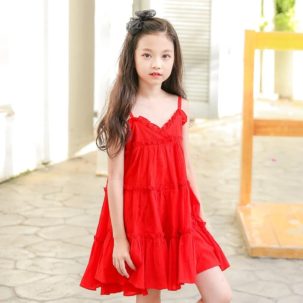 Vestidos de niñas adolescentes verano 2018 vestido rojo para niños niñas lindas volantes mangas A-line vestido para 4-16 T los niños grandes ropa - AliExpress