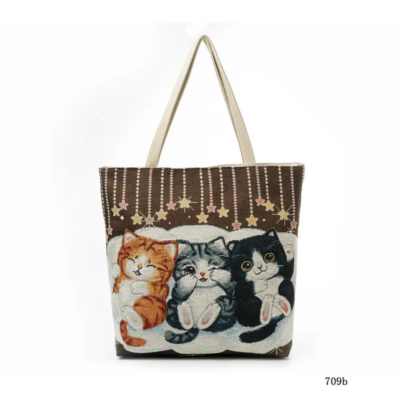 FZMBAI Embroidered Cute Cat Printing Canvas Bags Women Cartoon Shopping Handbag Totes