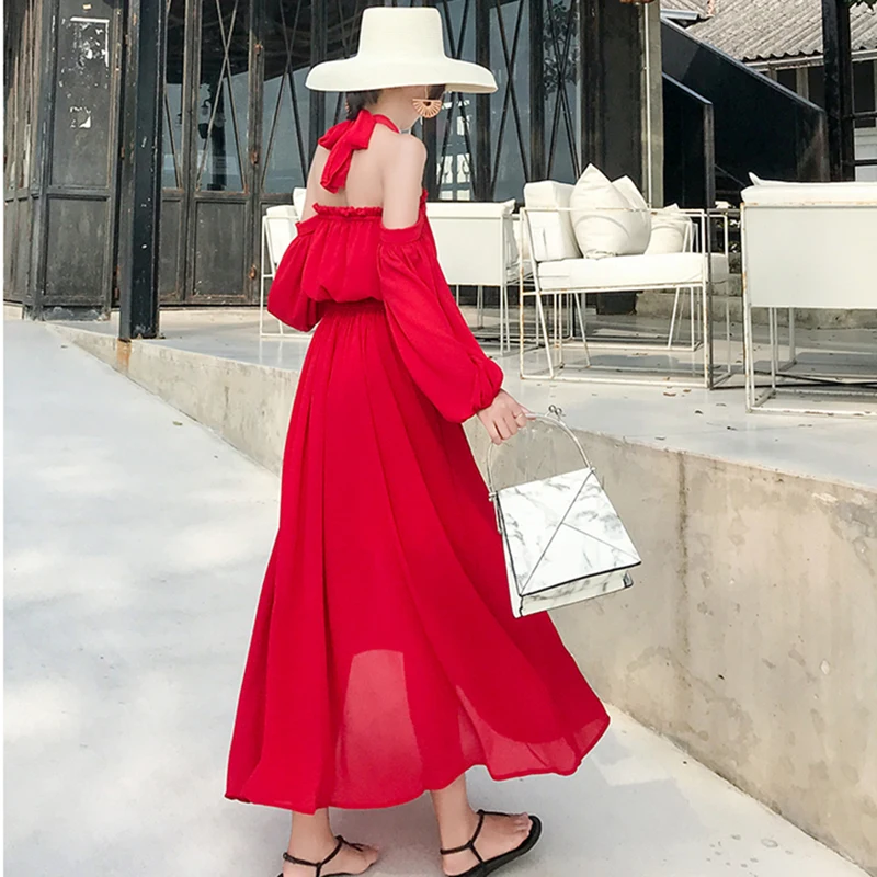 Summer Women Yellow Long Beach Dress Halter Off Shoulder Casual Elegant Korean Vacation Tropical Red Dress Vintage Sexy Sundress Summer Women Yellow Long Beach Dress Halter Off Shoulder Casual Elegant Korean Vacation Tropical Red Dress Vintage Sexy Sundress
