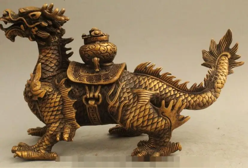 

S02922 8"Chinese Dynasty Bronze Lucky Dragon Kylin Beast Treasure bowl Statue