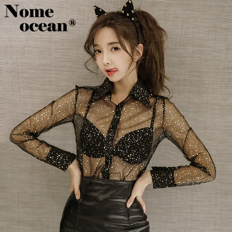 

Shining Star Glittering Women's Long Sleeve Blouses Transparent Gauze Lace Shirts for Women 2018 Summer OL Shirt Black M18051401