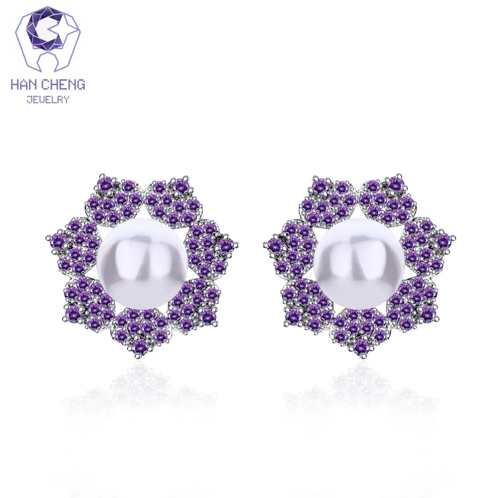 

HanCheng New Fashion Luxury Hollow Flower Silver Plated CZ Zircon Gem Stone Pearl Stud Earrings For Women Jewelry brincos bijoux