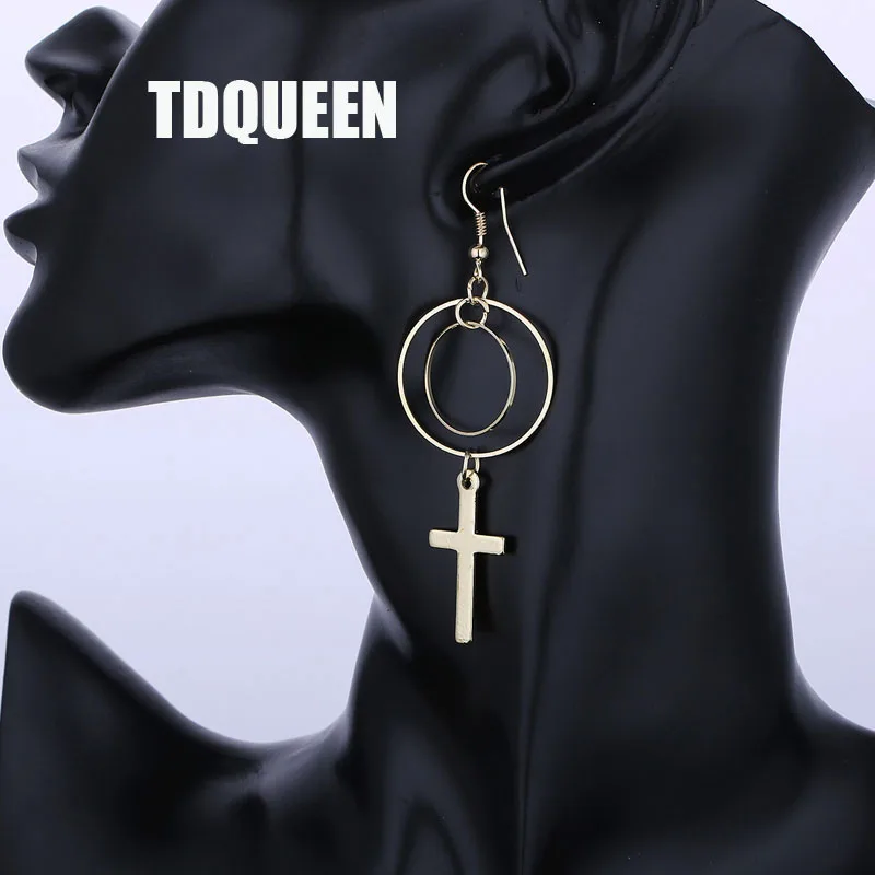 Long Dangle Cross Earrings Gold Color and Silver Plated Metal Women Fashion Jewelry Double Circle Round Hanging Cross Earrings (4)