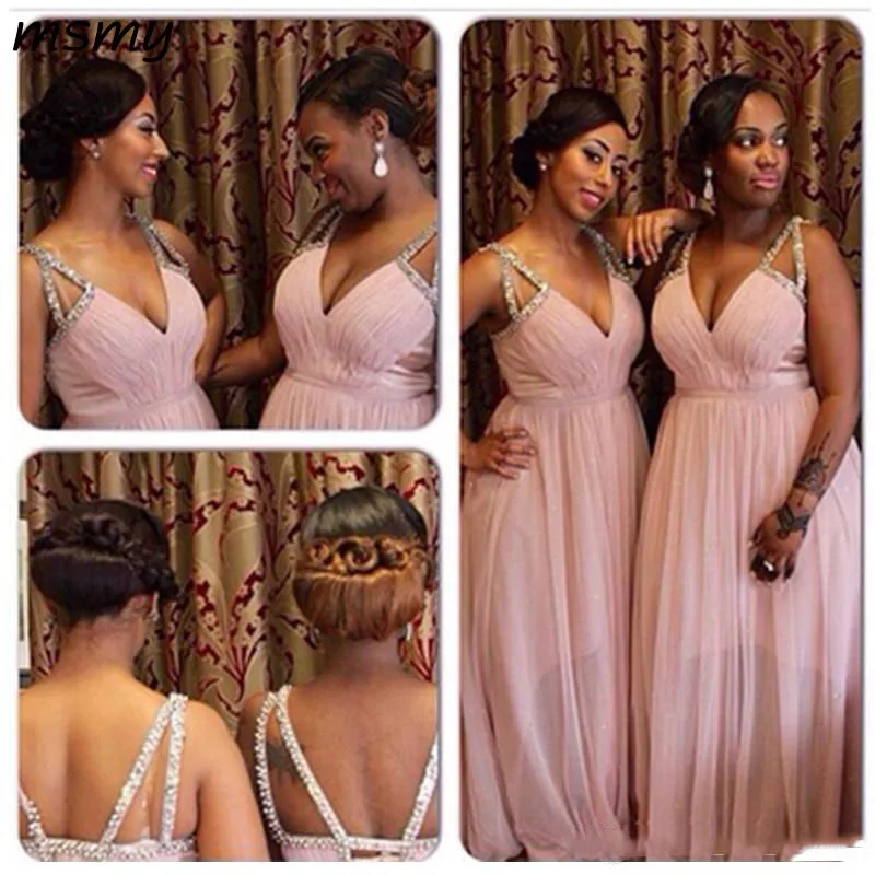 

New Pleated Deep V Neck Crystal Chiffon Transparent Long Bridesmaid Dress Plus Size Prom Gown Wedding Cross Straps Custom
