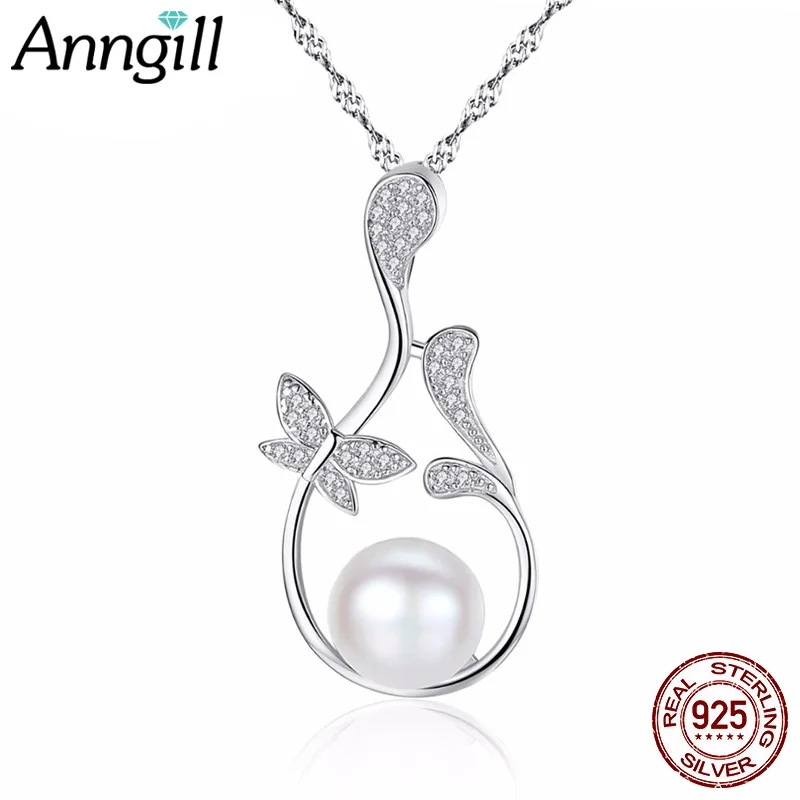 

New 2018 Women Fashion Butterfly Leaf Sterling Silver Necklaces & Pendants Pearl Pendant Paved Tiny CZ Crystal Wedding Jewelry