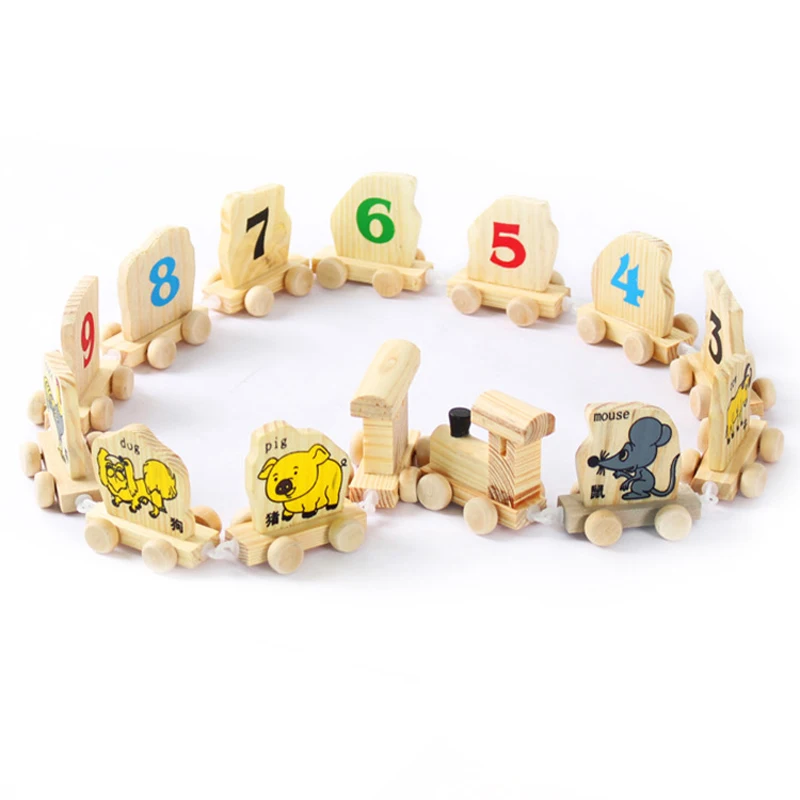 Novel Wooden number Train Toys 14 carriages train Digital Animal blocks