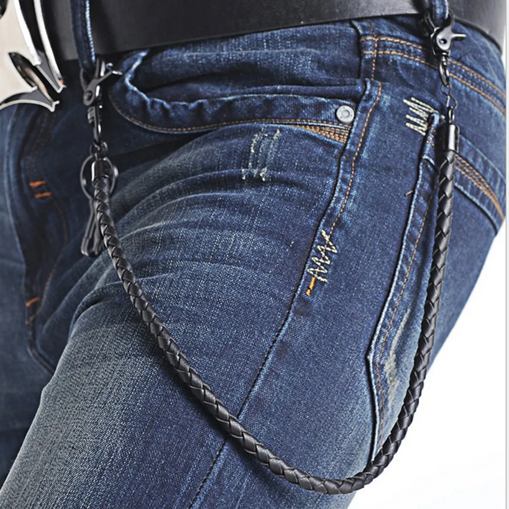 

Men Trousers Pant Key Wallet Chains Hip Hop Fashion Punk Rock Leather Braid Layer Waist Belt Chain Long 63cm Black/Brown 2017