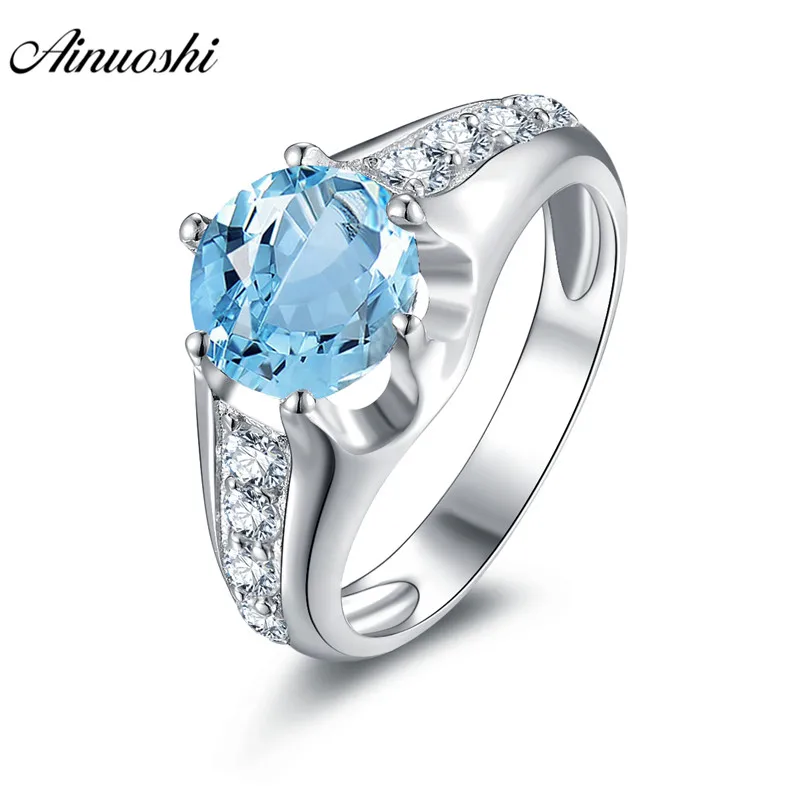 AINUOSHI Природный Голубой топаз кольцо 6 зубцами 1.9ct круглой огранки драгоценных камней кольцо Обручение обручальное кольцо 925 пробы