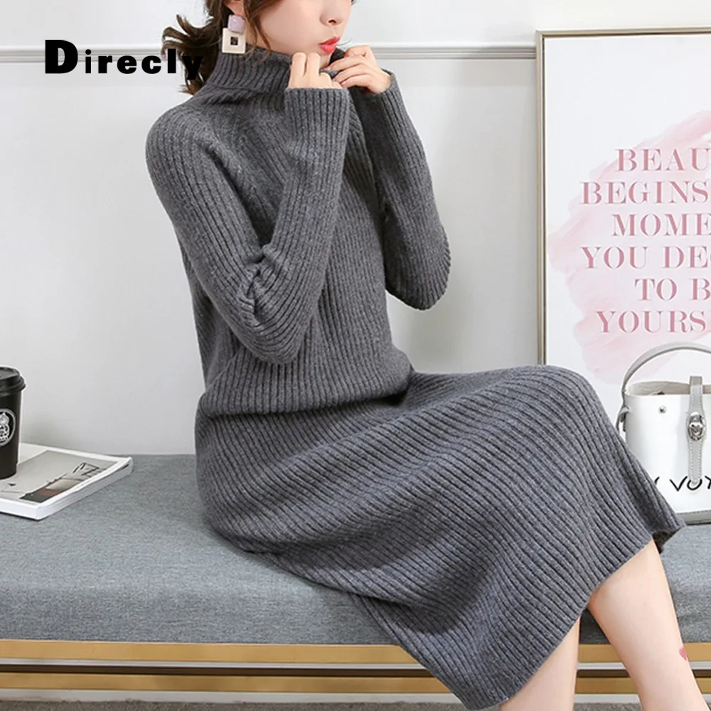 Comprar Direcly2018 nuevas señoras suéter largo de cuello alto señoras cabezas Otoño e Invierno delgado vestido de punto señoras sobre la rodilla vestido