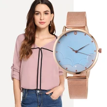De Lujo cielo nube reloj de diamantes de imitación elegante de cuarzo con correa de malla de mujer Relogio femenino mujeres mujer Simple reloj de pulsera(China)