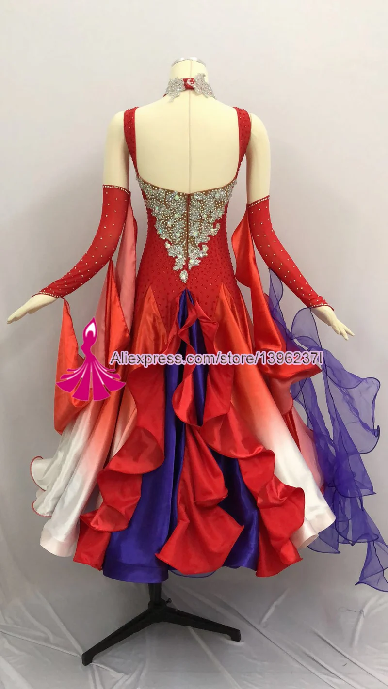 Женское стандартное бальное танцевальное платье для взрослых дизайн красный градиент цвета Вальс Танго Бальные соревнования танцевальные платья