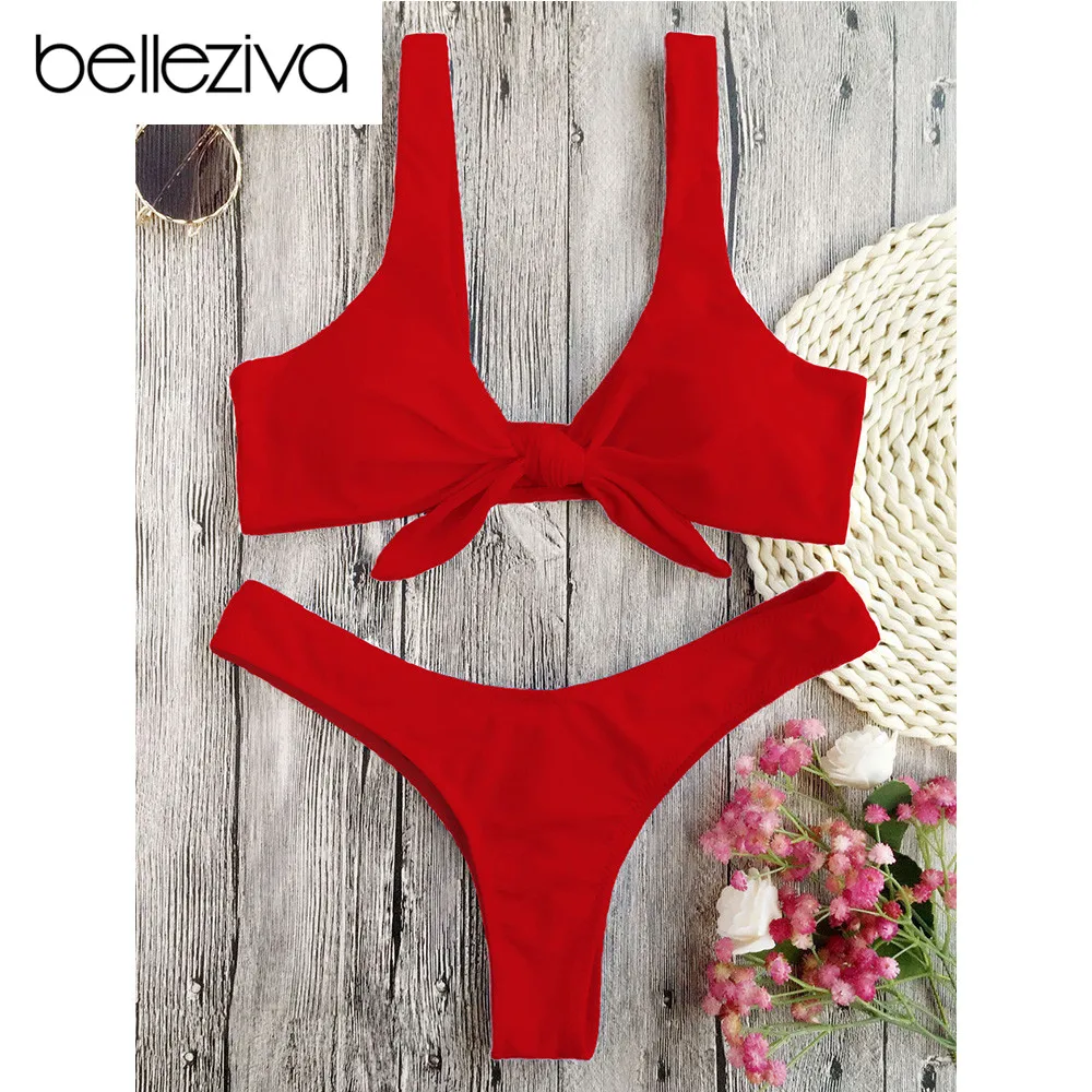 

Belleziva Knotted Padded Thong Bikini Set Solid Color Swimsuit Women Swimwear Bathing Suit Push Up Biquinis Maillot De Bain