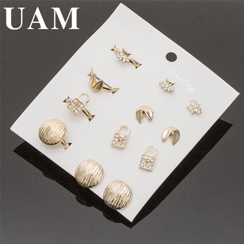 UAM Classical Minimalist Jewelry Gold Color Rhinestone Stud Earrings
