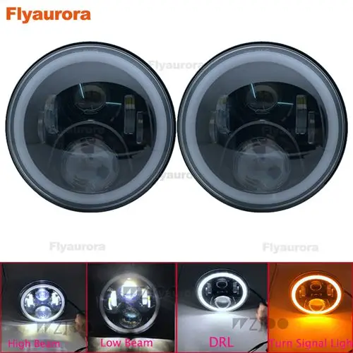 Flyaurora 7 дюймов круглый светодиодный фары Белый Halo Angel Eye Ring DRL и янтарные поворотные сигнальные огни для Mini Cooper 1969 JEEP - Цвет: black