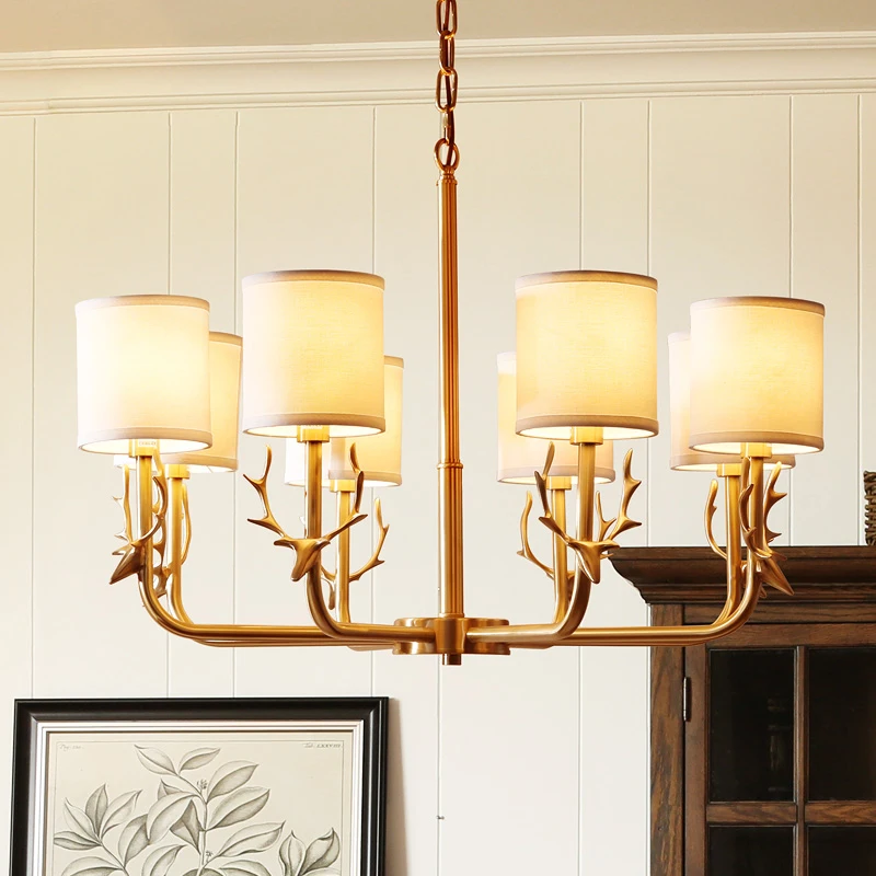 

Free Shipping Vintage Copper Chandeliers Light Art Antles Chandelier Loft Lamp for Dinning Living Room Copper Fabric Shades