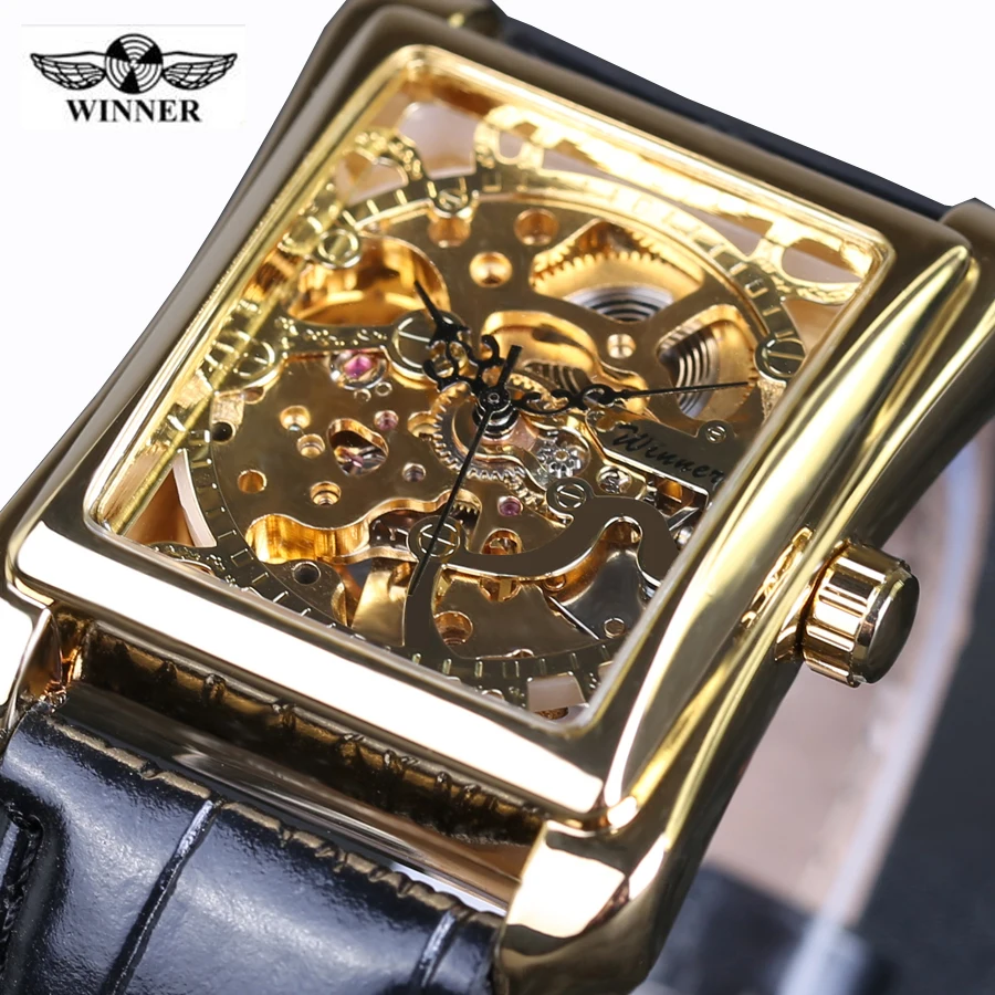 Winner Skeleton Gold Watch Retro Designer Rectangle Black Leather Men